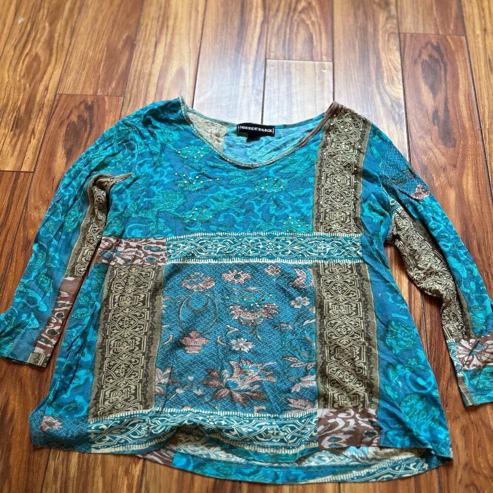 Vintage Y2K Mirror Image Blue Boho Long sleeve Lace Embroidered Blouse - L